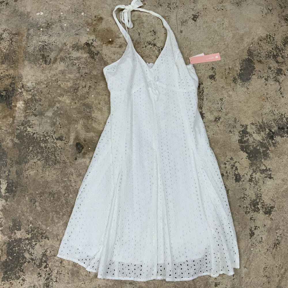 NWT Sandra Darren Women's Fit Flare Dress White Lace Sleeveless Halter Dress OBO